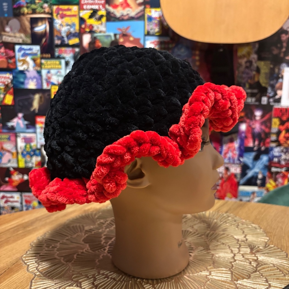 Handmade Crochet Black & Red Ruffle Hat | Chunky Yarn | drbeancrafts - Picture 3 of 5
